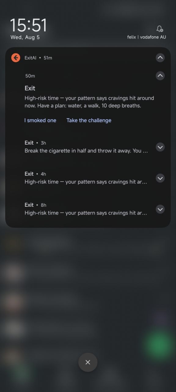 EXIT app notification suggesting a check-in based on an observed pattern