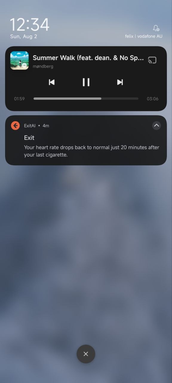 EXIT app notification containing a heart-rate statement